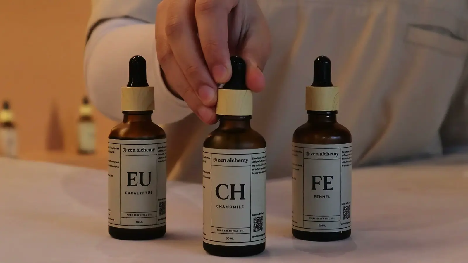 Zen Alchemy eucalyptus, chamomile and fennel essential oil bottles