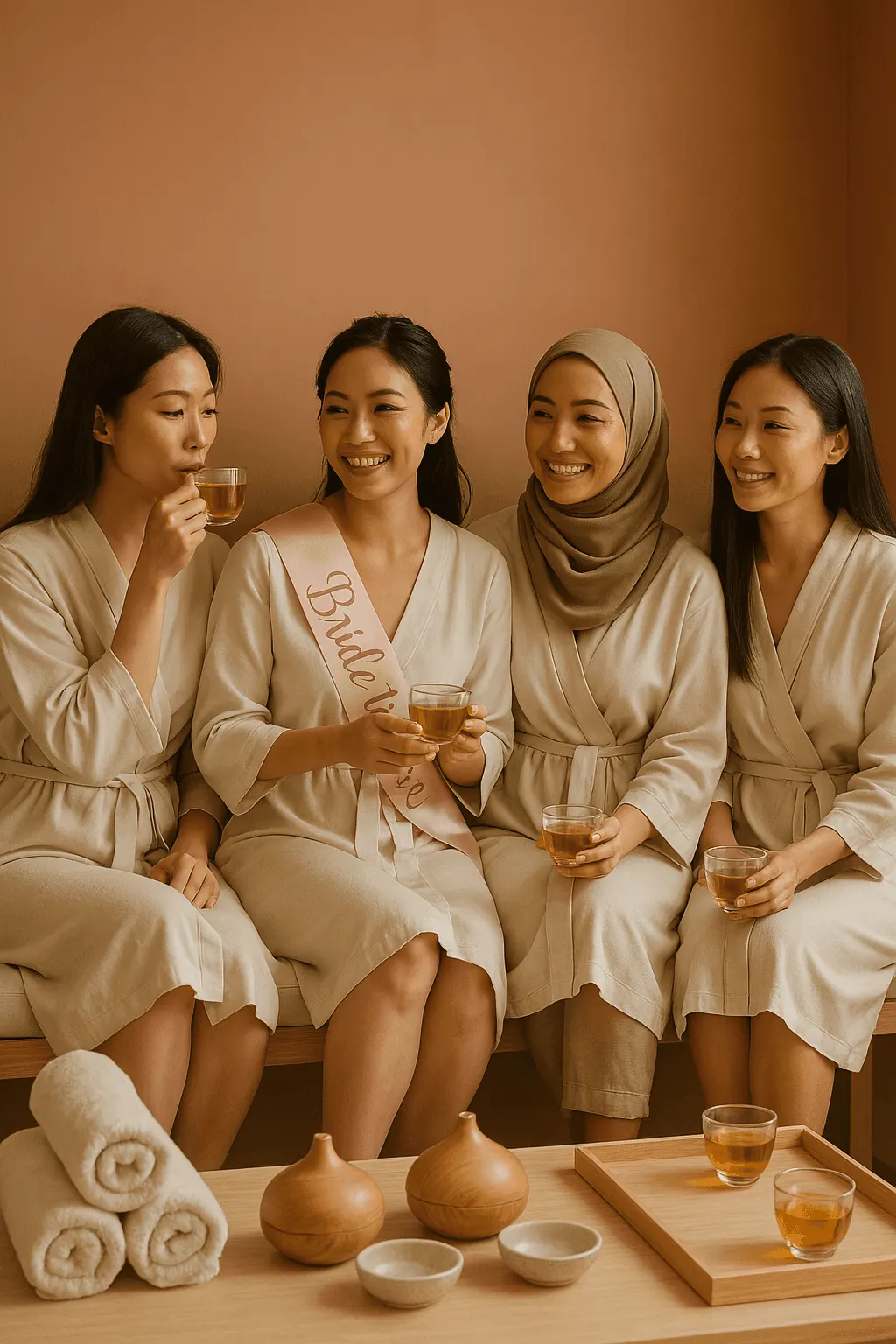 Bride and three friends in spa robes sharing tea