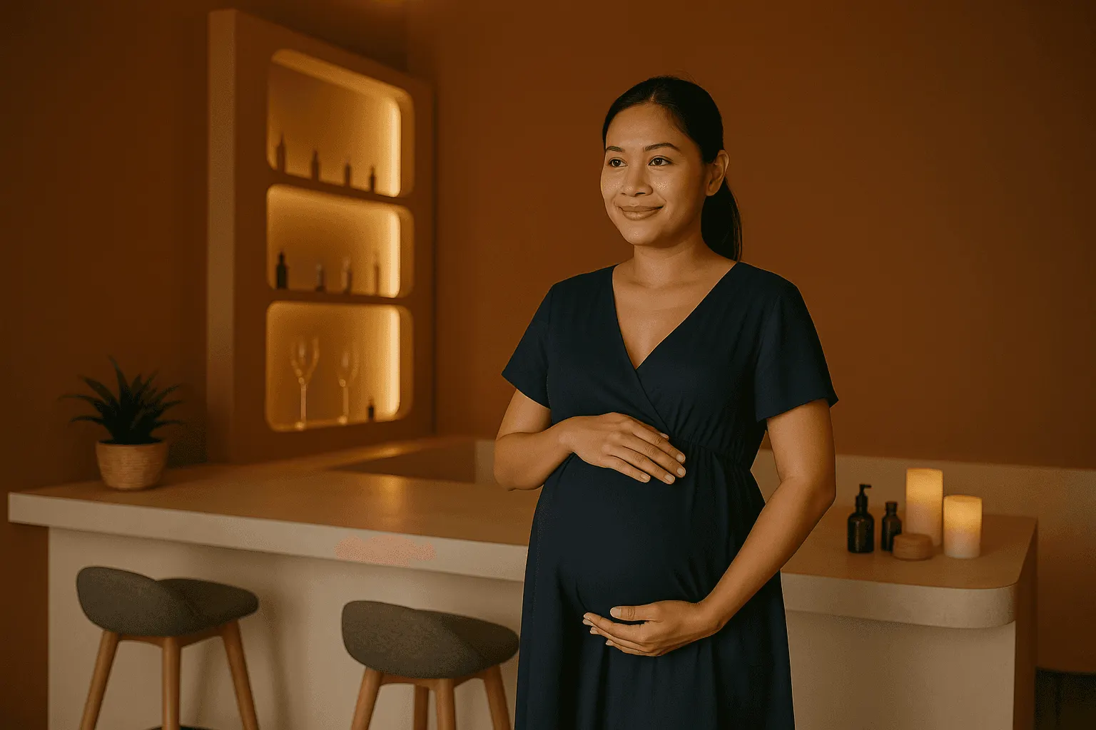 Expectant mother standing in the spa