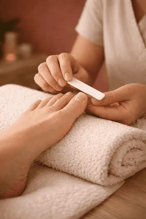Nail care with a buffer on a rolled towel