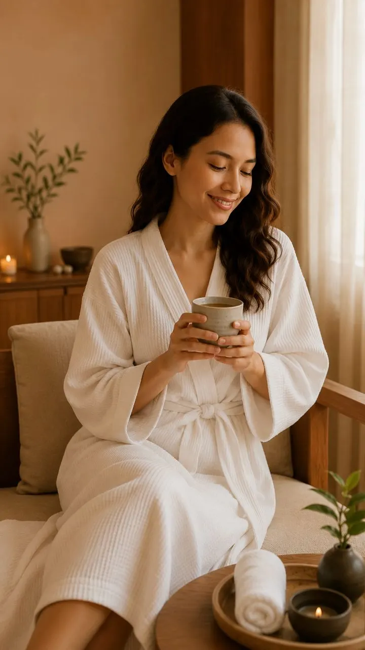 Guest in a white robe relaxing with a cup of tea