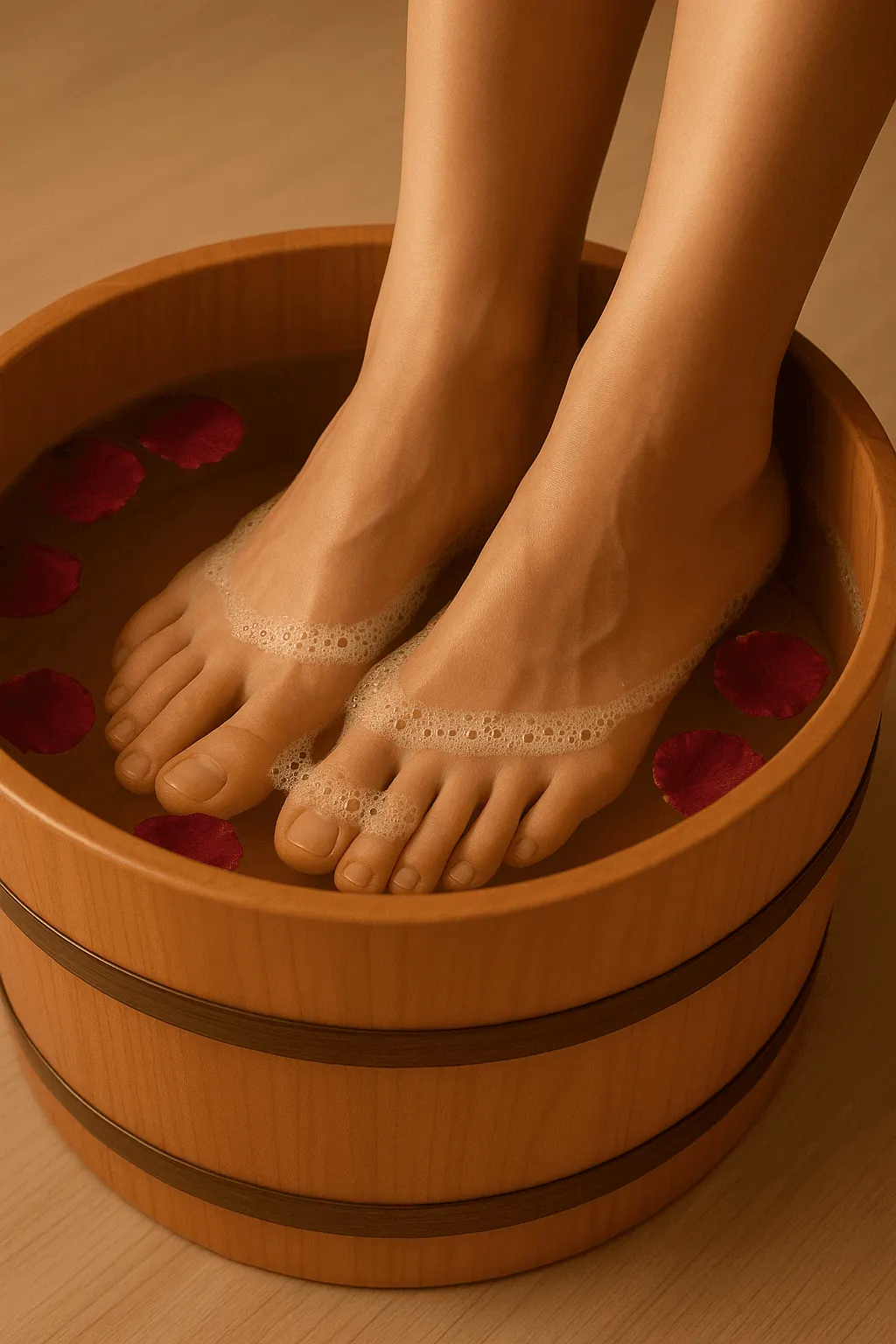 Flower foot soak in a wooden tub