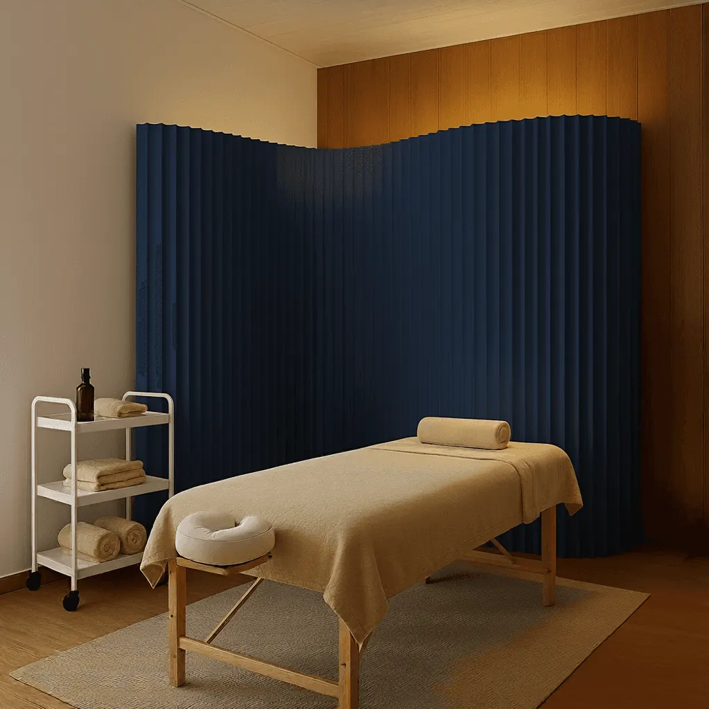 Mobile spa massage bed set up with fresh linens and a supply trolley