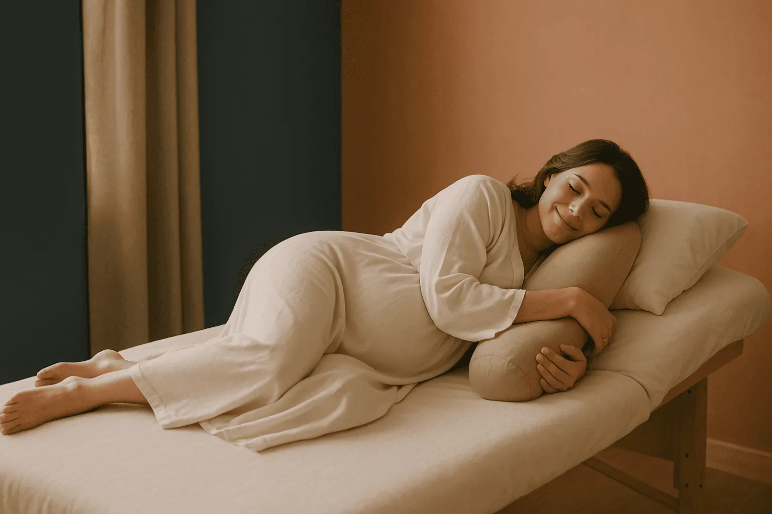 Pregnant guest resting on her side on a massage bed with support pillows