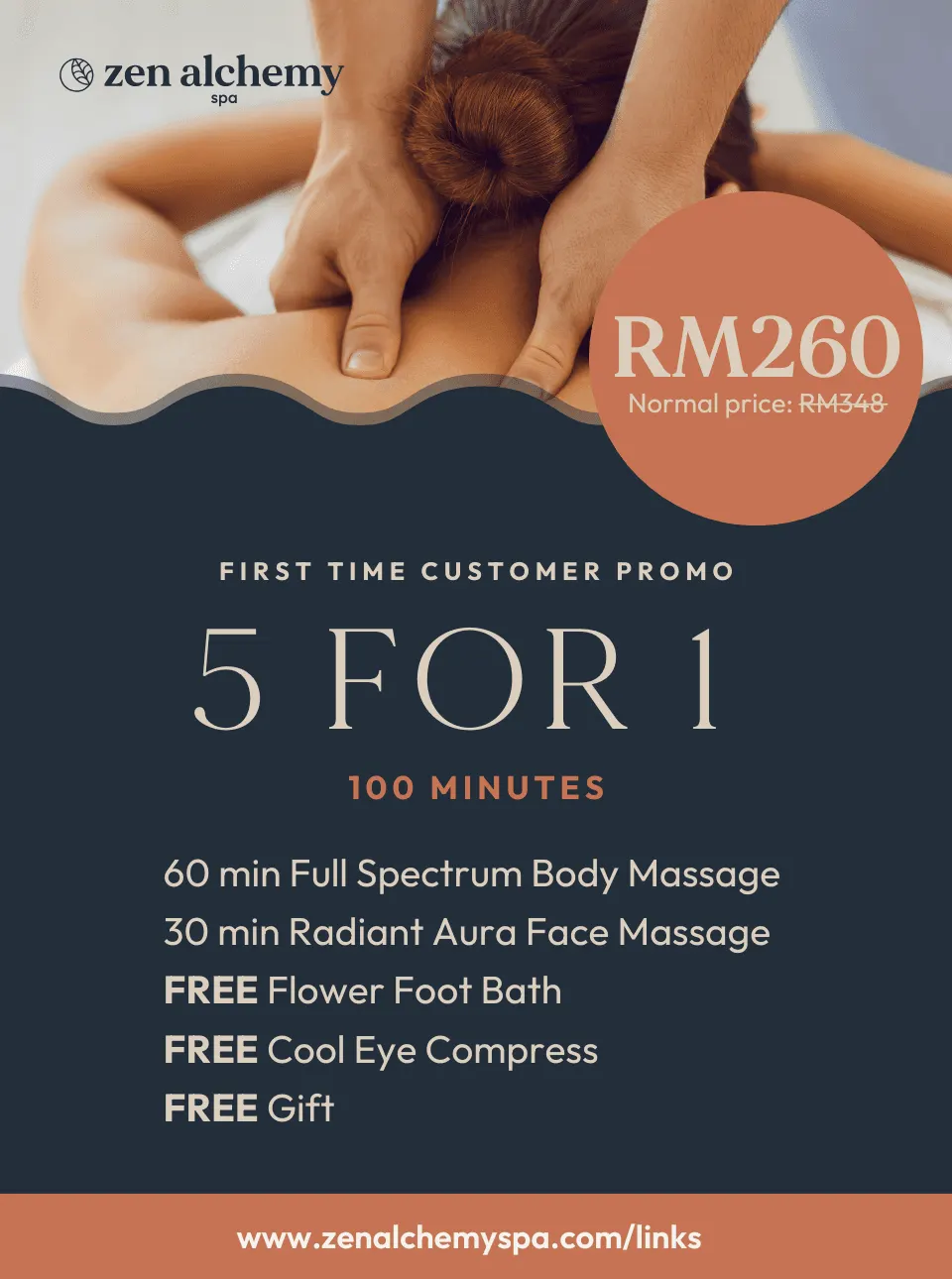 First time customer promo, 5 for 1, 100 minutes: 60 min Full Spectrum Body Massage, 30 min Radiant Aura Face Massage, free flower foot bath, free cool eye compress and a free gift. RM260 (normal price RM348).