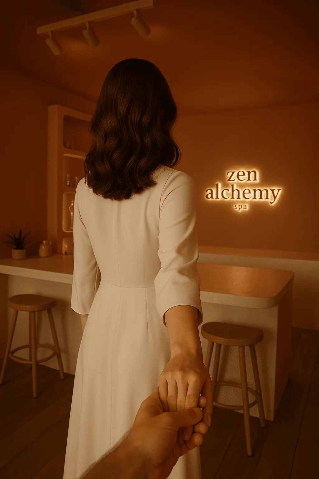 Guest in a robe leading a friend by the hand into Zen Alchemy Spa