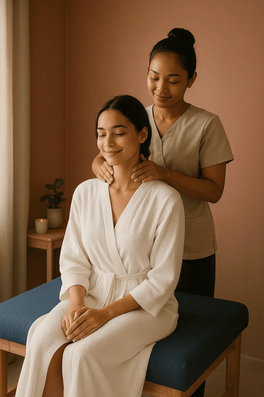 Therapist massaging the shoulders of a guest in a white robe