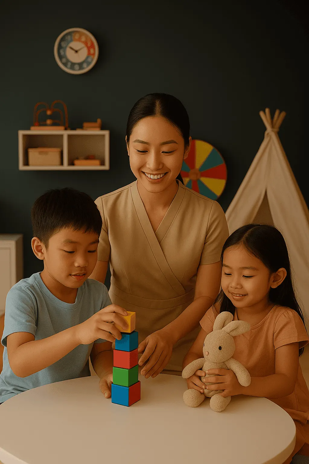 Nanny playing building blocks with two children
